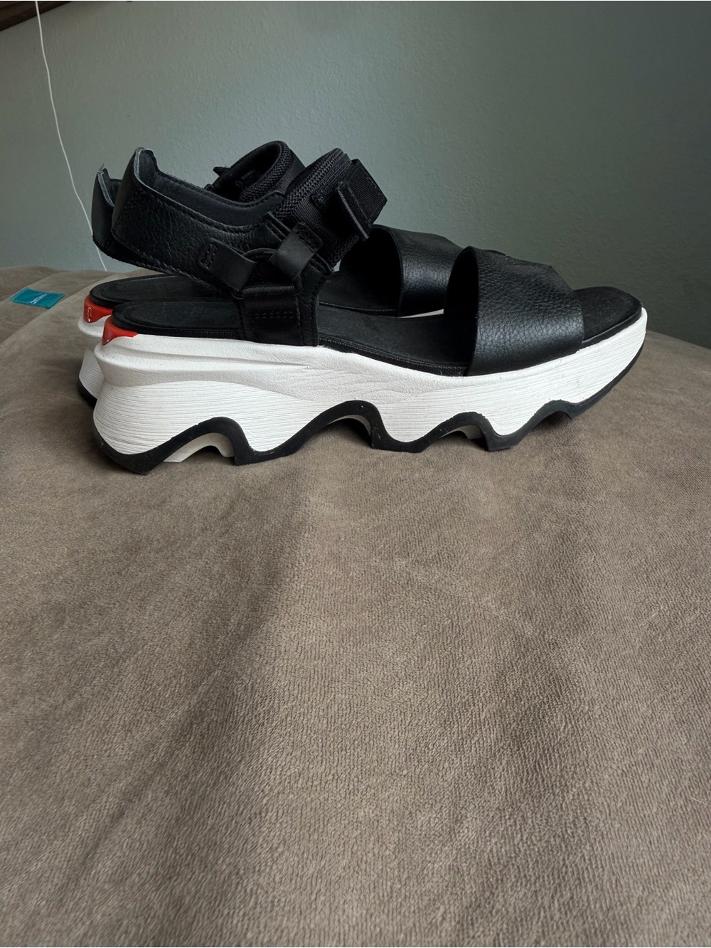 Sorel Black and White Chunky Sport Sandal with Red Heel Accent